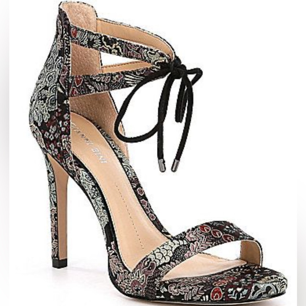 Gianni Bini Black Floral Lace-Up High Heel Sandals